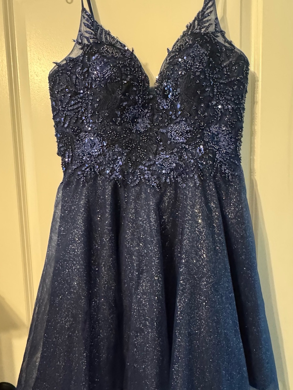 Navy Sequin Party Dress with Floral Appliqué